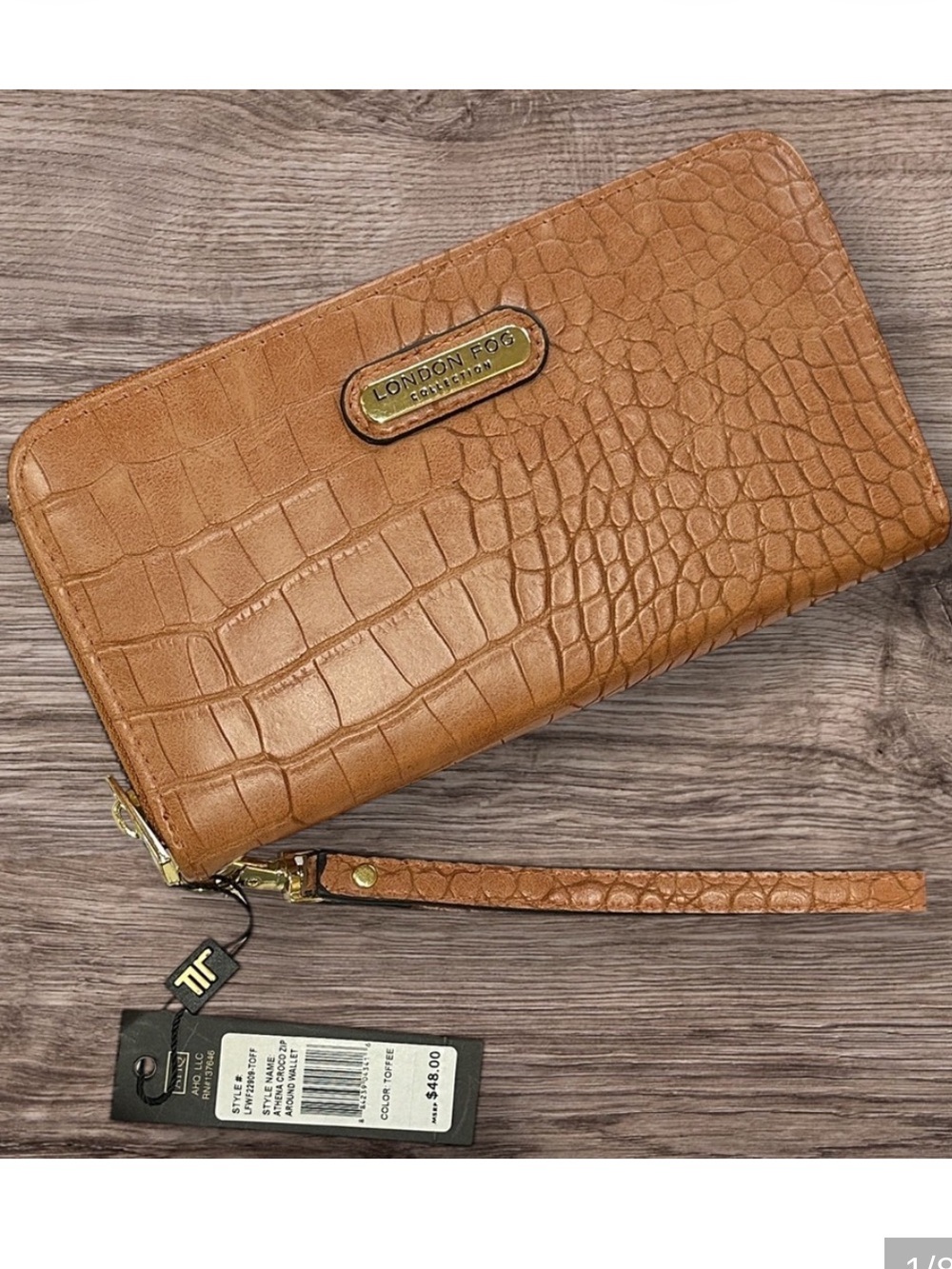 NWT London Fog Brown Croc Embossed Zip Around Wallet Removable Wristlet Strap